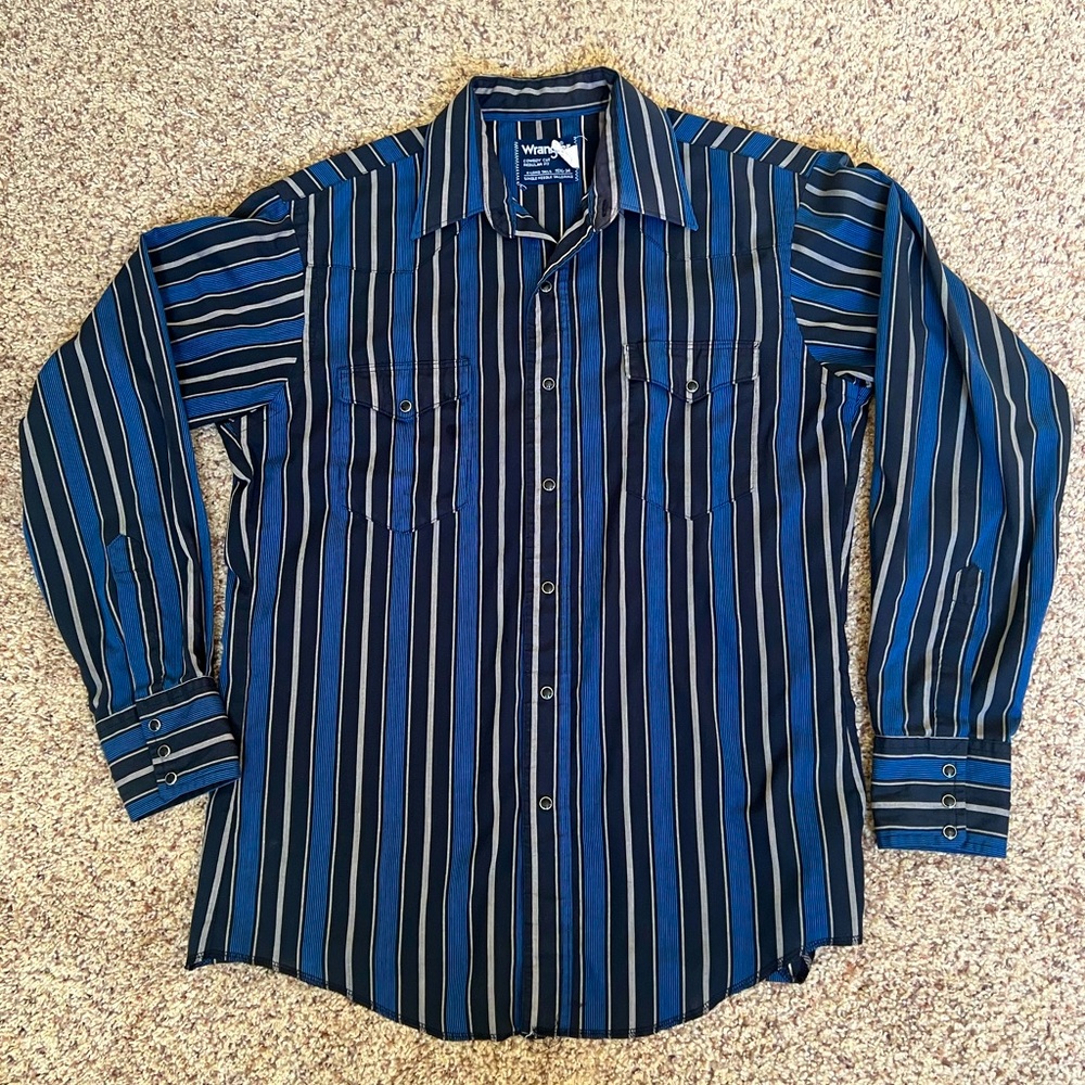 Wrangler Western Pearl Snap Long Sleeve Mens Shirt Black and Blue Stripes